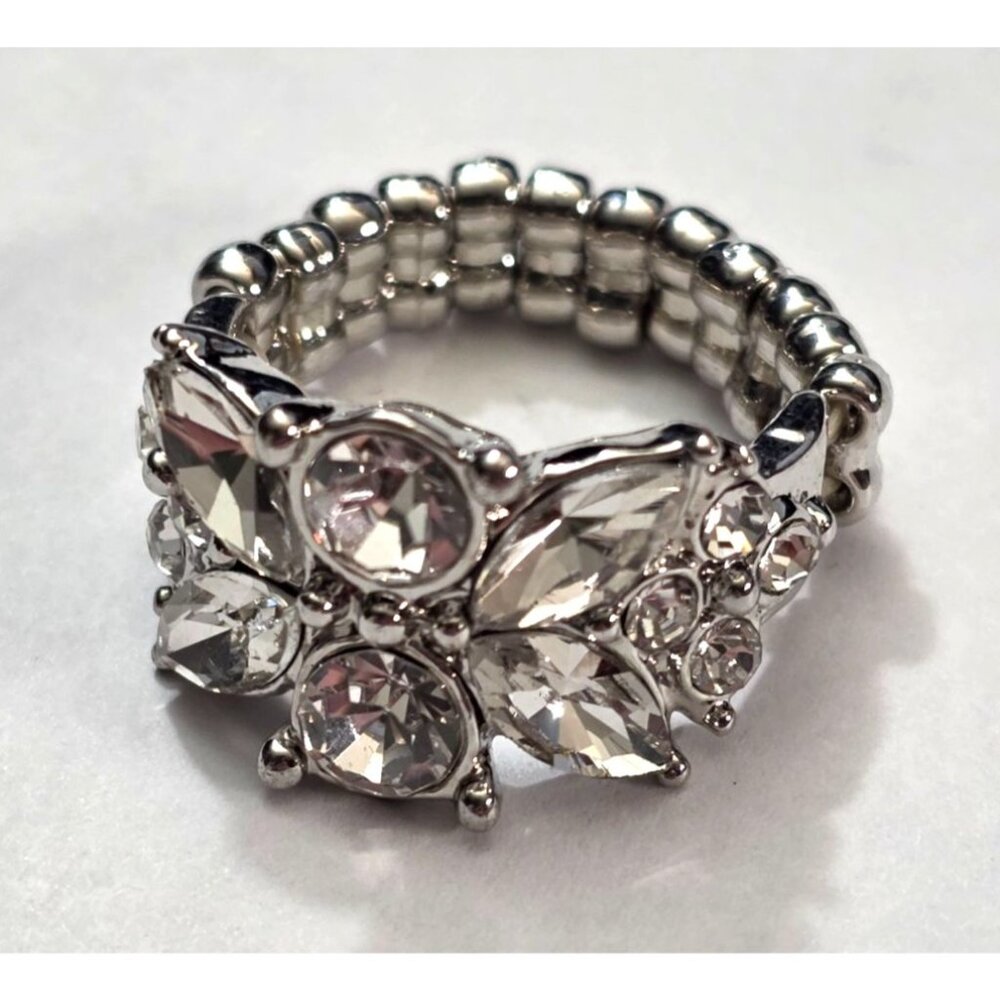 New Silver Tone Stretch Ring Clear‎ Rhinestones Floral Butterfly Bee Angel Glam